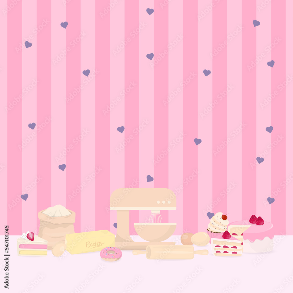 Fototapeta premium Stand mixer and baking ingredient on pink stripe pattern