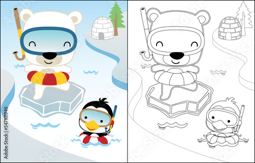 Coloring book of polar bear and penguin with diving equipment