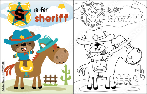 Cute bear cartoon in sheriff costume riding horse, coloring book or page