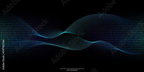 Vector abstract technology background wavy dot particles pattern and binary code texture background by blue green light on black for banner in concept digital, technology, big data, computer, science.