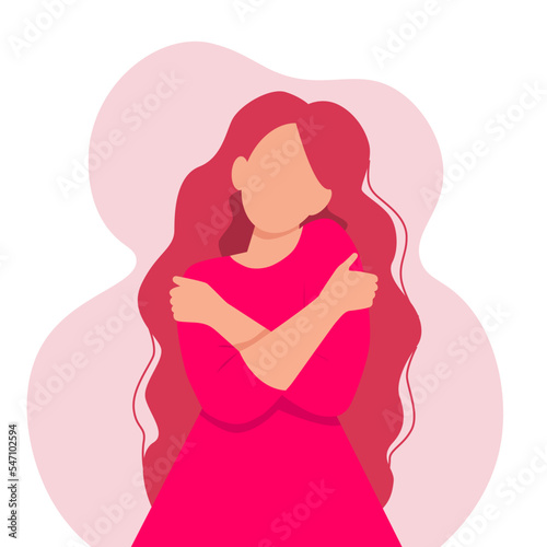 
Self love concept, faceless woman hugging herself, flat style vector illustration isolated on pink background. Vector illustration.