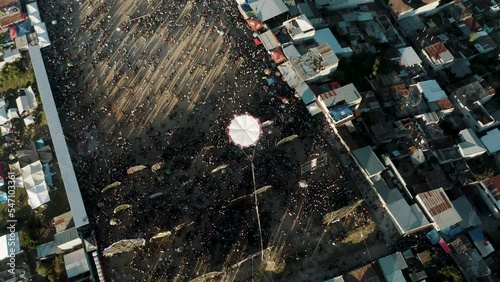 Crowded People Gathered During The Festive Event Of Día de Los Muertos With Giant Kites In Guatemala. Aerial Topdown photo