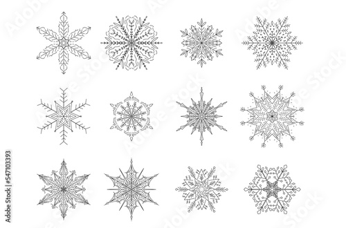 Snowflake doodle. Beautiful set white snowflakes for winter design. Collection of Christmas New Year elements. Frozen silhouettes of crystal snowflakes. Modern design hand drawn. Holiday wallpapers.