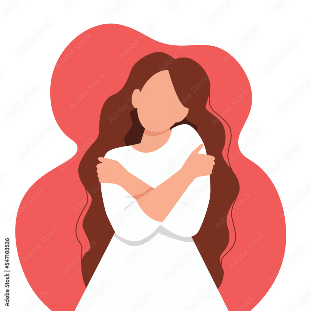 Self love concept, faceless woman hugging herself, flat style vector illustration isolated on pink background. Vector illustration.
Self love concept, faceless woman hugging herself, flat style vector illustration isolated on pink background. Vector illustration.