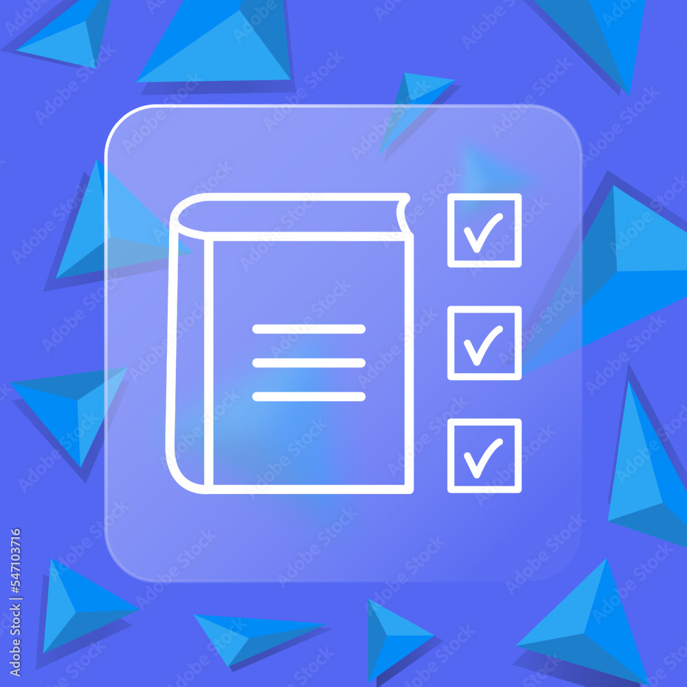 Library line icon. Tick, checkmark, reading list, book, ebook, cross, education, text book, learning, literature, Writer. Author concept. Glassmorphism style. Vector line icon Library line icon. Tick, checkmark, reading list, book, ebook, cross, education, text book, learning, literature, Writer. Author concept. Glassmorphism style. Vector line icon
