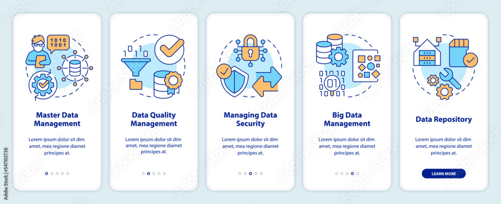 Types of data management onboarding mobile app screen. Information walkthrough 5 steps editable graphic instructions with linear concepts. UI, UX, GUI template. Myriad Pro-Bold, Regular fonts used
