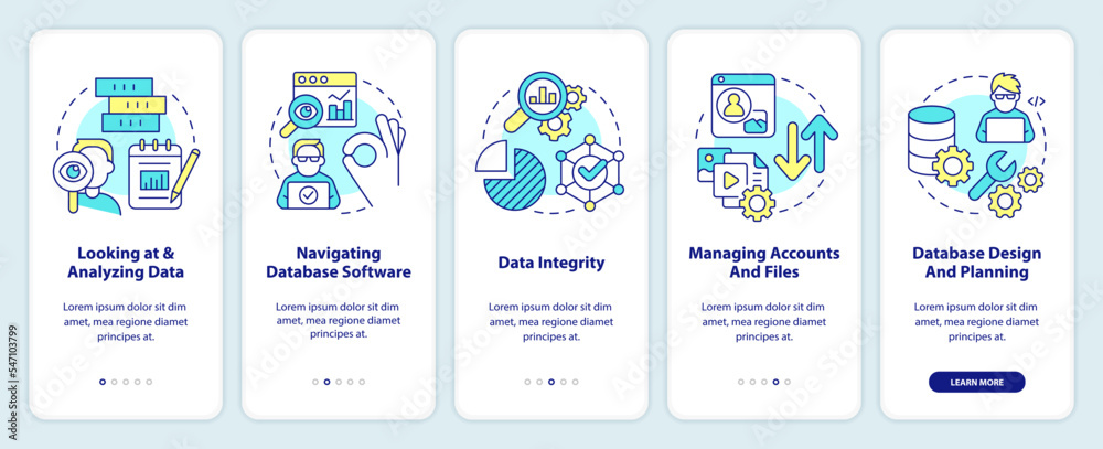 Data management skills onboarding mobile app screen. Analytics expert walkthrough 5 steps editable graphic instructions with linear concepts. UI, UX, GUI template. Myriad Pro-Bold, Regular fonts used