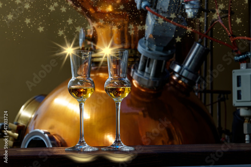 Christmas distiller  liqueur glasses with golden christmas stars in front of a gin distiller.