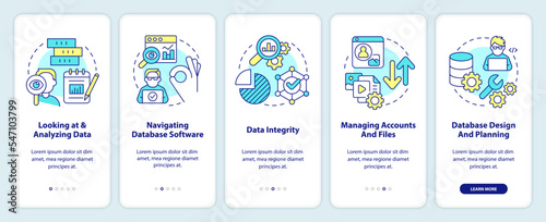 Data management skills onboarding mobile app screen. Analytics expert walkthrough 5 steps editable graphic instructions with linear concepts. UI, UX, GUI template. Myriad Pro-Bold, Regular fonts used