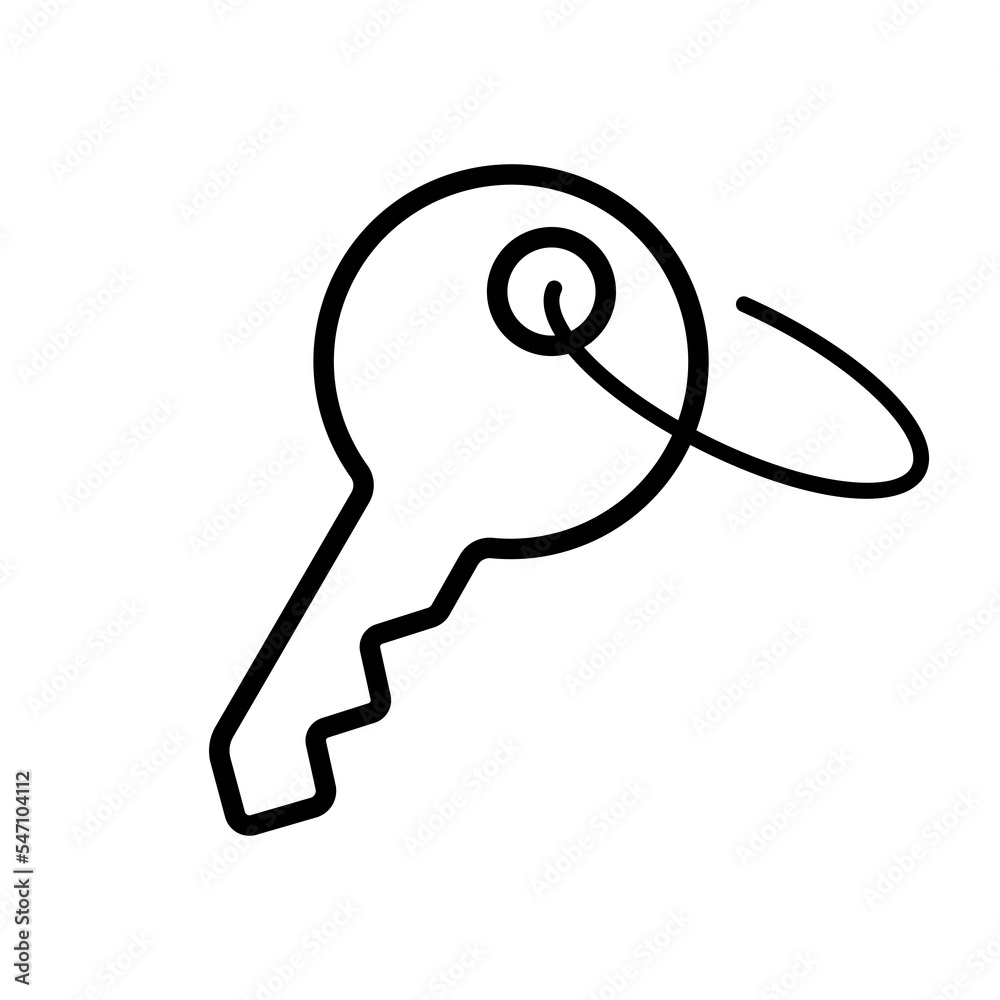 Keys with a keychain in the form of a house line icon. Renting an apartment, buying, selling real estate. Doors, lock, keyhole. Vector black line icon on a white background