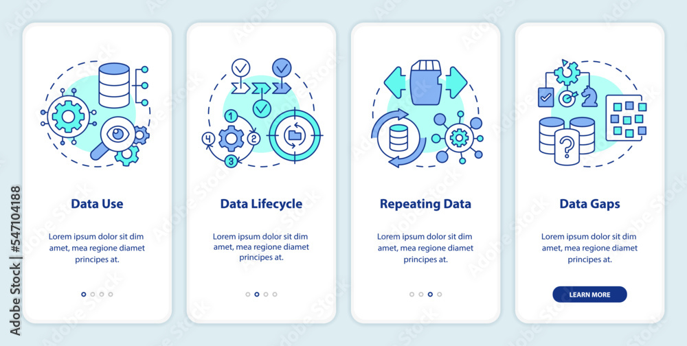 Data management strategy onboarding mobile app screen. Regulate walkthrough 4 steps editable graphic instructions with linear concepts. UI, UX, GUI template. Myriad Pro-Bold, Regular fonts used