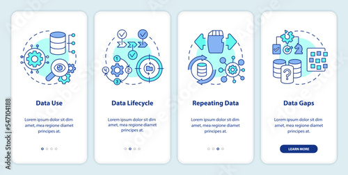 Data management strategy onboarding mobile app screen. Regulate walkthrough 4 steps editable graphic instructions with linear concepts. UI, UX, GUI template. Myriad Pro-Bold, Regular fonts used