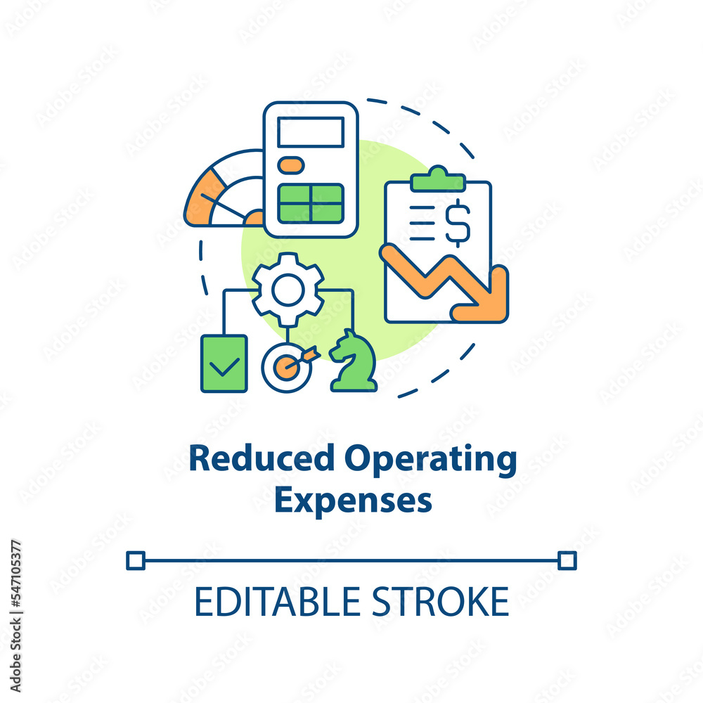 Reduced operating expenses concept icon. Optimize processing. Data management system abstract idea thin line illustration. Isolated outline drawing. Editable stroke. Arial, Myriad Pro-Bold fonts used Reduced operating expenses concept icon. Optimize processing. Data management system abstract idea thin line illustration. Isolated outline drawing. Editable stroke. Arial, Myriad Pro-Bold fonts used