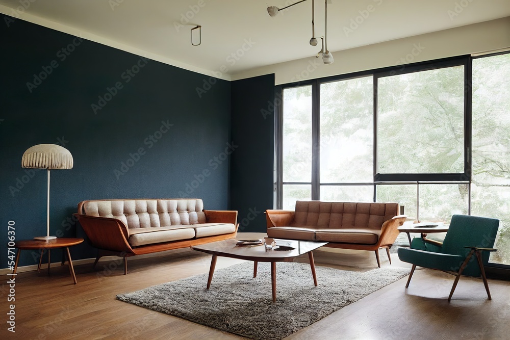 Mid-century modern living room interior illustration Stock Illustration