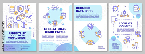 Benefits of good information management blue brochure template. Leaflet design with linear icons. Editable 4 vector layouts for presentation, annual reports. Arial-Bold, Myriad Pro-Regular fonts used
