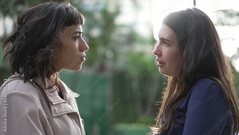 Two women in conversation standing outside at park. Female friends talking to each other Two women in conversation standing outside at park. Female friends talking to each other