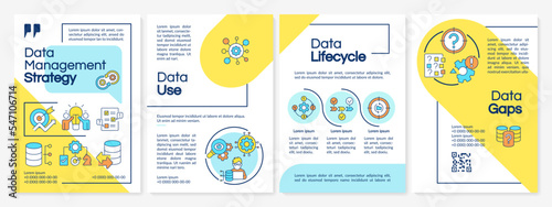 Information management strategy blue and yellow brochure template. Leaflet design with linear icons. Editable 4 vector layouts for presentation, annual reports. Questrial, Lato Regular fonts used photo