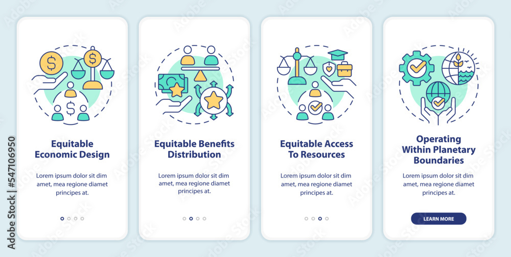 Attributes of inclusive economy onboarding mobile app screen. Walkthrough 4 steps editable graphic instructions with linear concepts. UI, UX, GUI template. Myriad Pro-Bold, Regular fonts used