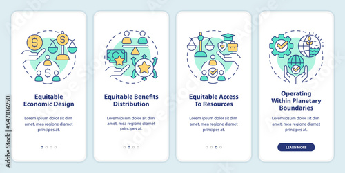 Attributes of inclusive economy onboarding mobile app screen. Walkthrough 4 steps editable graphic instructions with linear concepts. UI, UX, GUI template. Myriad Pro-Bold, Regular fonts used