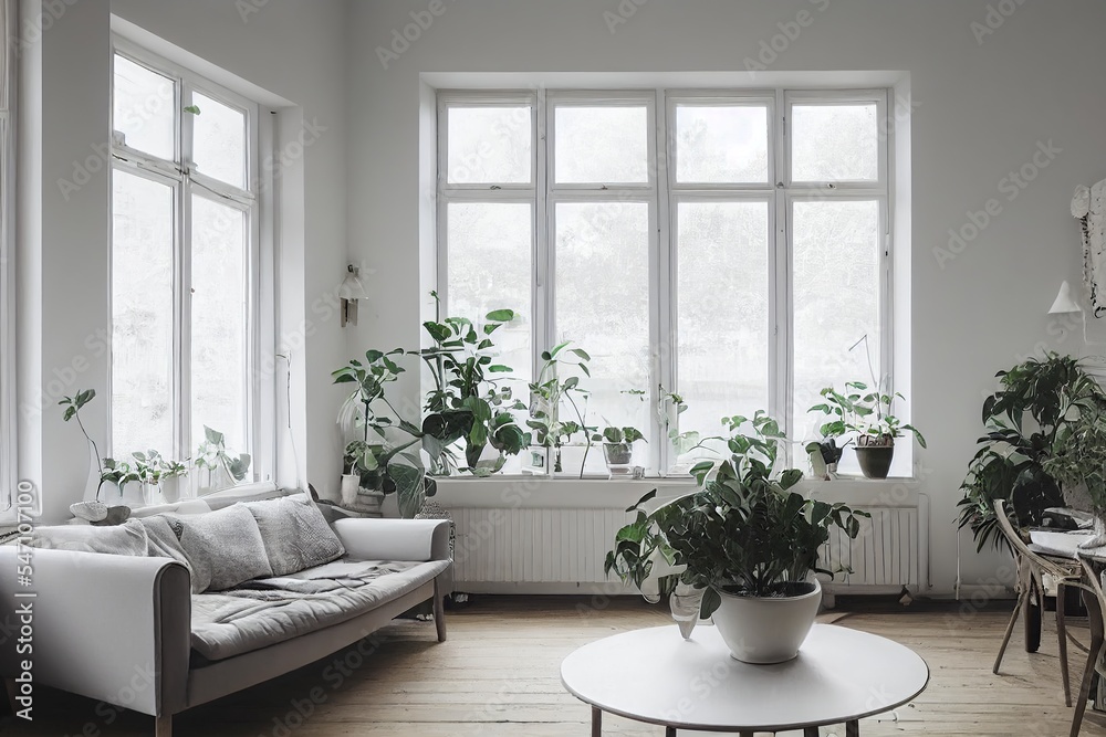 Modern and Scandinavian style living room interior with plants illustration Modern and Scandinavian style living room interior with plants illustration