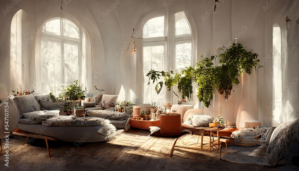 Bohemian and scandinavian style living room interior with sofa illustration