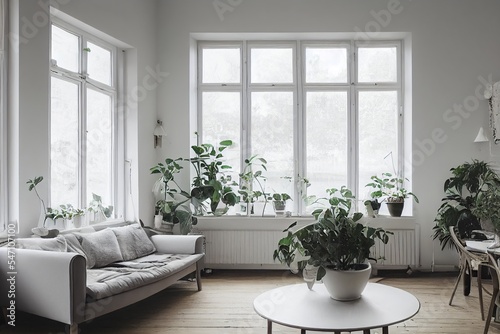 Modern and Scandinavian style living room interior with plants illustration © Hdi