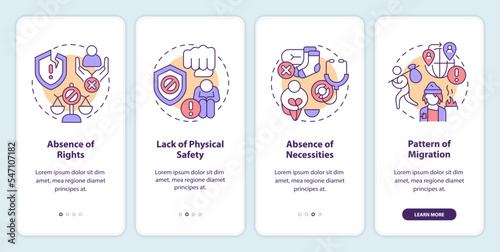 Factors contributing to modern slavery onboarding mobile app screen. Walkthrough 4 steps editable graphic instructions with linear concepts. UI, UX, GUI template. Myriad Pro-Bold, Regular fonts used