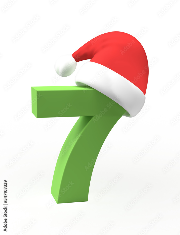 Green christmas number 7 with santa claus hat on an isolated background. Green christmas number 7 with santa claus hat on an isolated background.