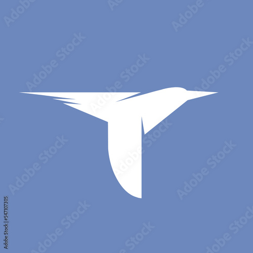 Letter T logo flying bird monogram signature icon.Alphabet initial isolated on blue background.Freedom concept lettering sign.Travel, tourism style character.Geometric typography.