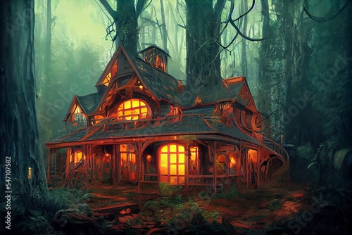 Abandoned misty steampunk house with tendril illustration