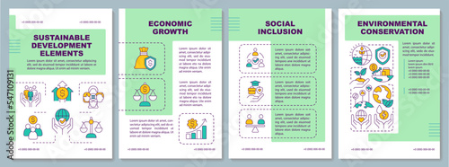 Fundamentals of sustainable development brochure template. Fair economy. Leaflet design with linear icons. Editable 4 vector layouts for presentation, annual reports. Arial, Myriad Pro fonts used