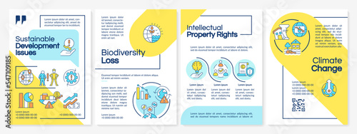 Sustainable development challenges blue and yellow brochure template. Leaflet design with linear icons. Editable 4 vector layouts for presentation, annual reports. Questrial, Lato-Regular fonts used
