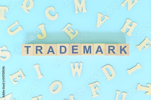 Trademark business concept. Word typography on wooden blocks flat lay.	
