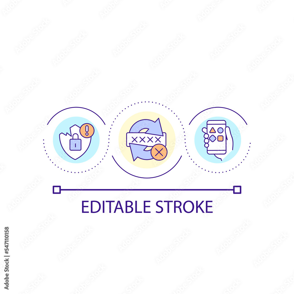 Hacked password loop concept icon. Compromised login data. Crack personal account. Cybersecurity abstract idea thin line illustration. Isolated outline drawing. Editable stroke. Arial font used Hacked password loop concept icon. Compromised login data. Crack personal account. Cybersecurity abstract idea thin line illustration. Isolated outline drawing. Editable stroke. Arial font used