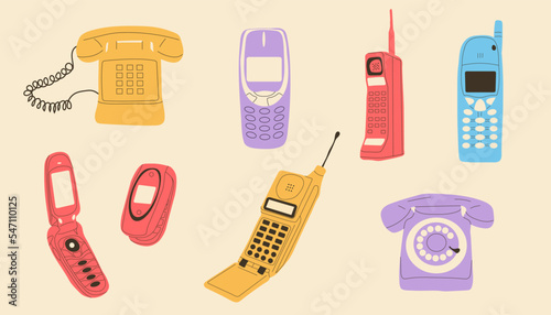 Set of classic and modern telephones. Hand drawn vector illustration.