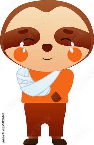 Cute baby sloath suffering from pain, broken arm injury in cartoon style, animal patient crying, health and medicine theme