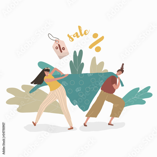 Vector illustration. Seasonal discounts, women share the goods. Clothing sale, consumerism concept. Clothing store, clothing retail.