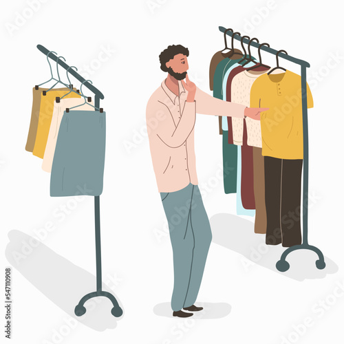 Shopping vector illustration. A man chooses clothes, cartoon characters. Clothing sale, consumerism concept. Clothing store, clothing retail.