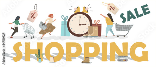 People are in a hurry to get discounts. Huge clocks, loudspeakers, boxes. Happy buyers cartoon characters. Sale of household goods, clothes, consumerism concept.