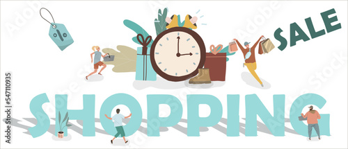 People are in a hurry to get discounts. Huge clocks, loudspeakers, boxes. Happy buyers cartoon characters. Sale of household goods, clothes, consumerism concept.