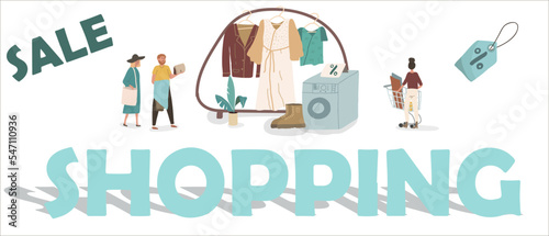 Vector illustration people choose goods, huge letters shopping, sale, buyer characters cartoons. consumerism, mass market.