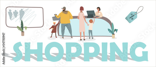 Shopping vector illustration. People queuing at the cashier with purchases. Happy boutique shoppers and friendly cartoon sellers. Clothing sale, consumerism concept.