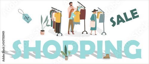 Vector illustration of a man and a woman choose clothes in a store, boutique, huge letters shopping, sale, buyer characters cartoons. consumerism, mass market.
