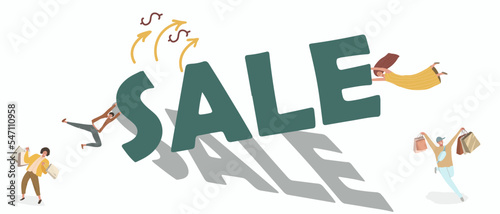 Conceptual vector illustration, people grab discounts, rejoice in shopping. Happy buyers cartoon characters. Sale of household goods, clothes, consumerism concept.