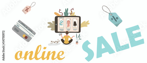 Vector illustration woman chooses in lotus position sitting in front of huge tablet clothes on online sale, home decor, plastic card, shopper cartoon characters.