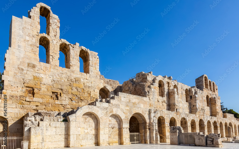 Historic Landmark, Odeon of Herodes Atticus, in the Acropolis of Athens, Greece. Sunny Day