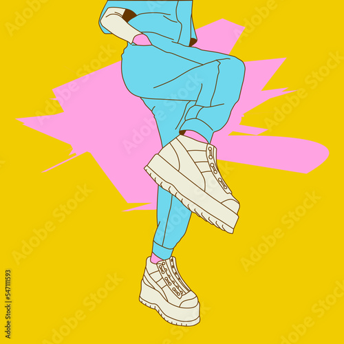 Flat colored vector illustration. Stylish urban look. Fashion Sneakers outfit