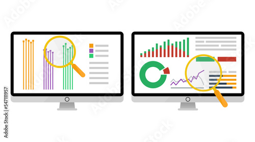 Vector icons and signs for the management and marketing concept of infographic of big data analysis and financial business information research. Digital diagram and graphs of color illustration