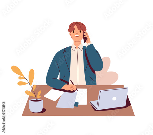 Employee speaking on phone at work. Office worker during clients call by cellphone, business communication. Manager sitting at desk, consulting. Flat vector illustration isolated on white background