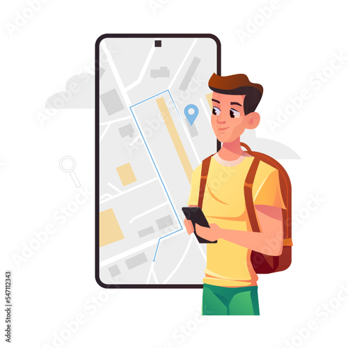 Young man using smartphone map application. Search map navigation on app. Online Delivery or Taxi Service Concept. Vector cartoon character illustration.